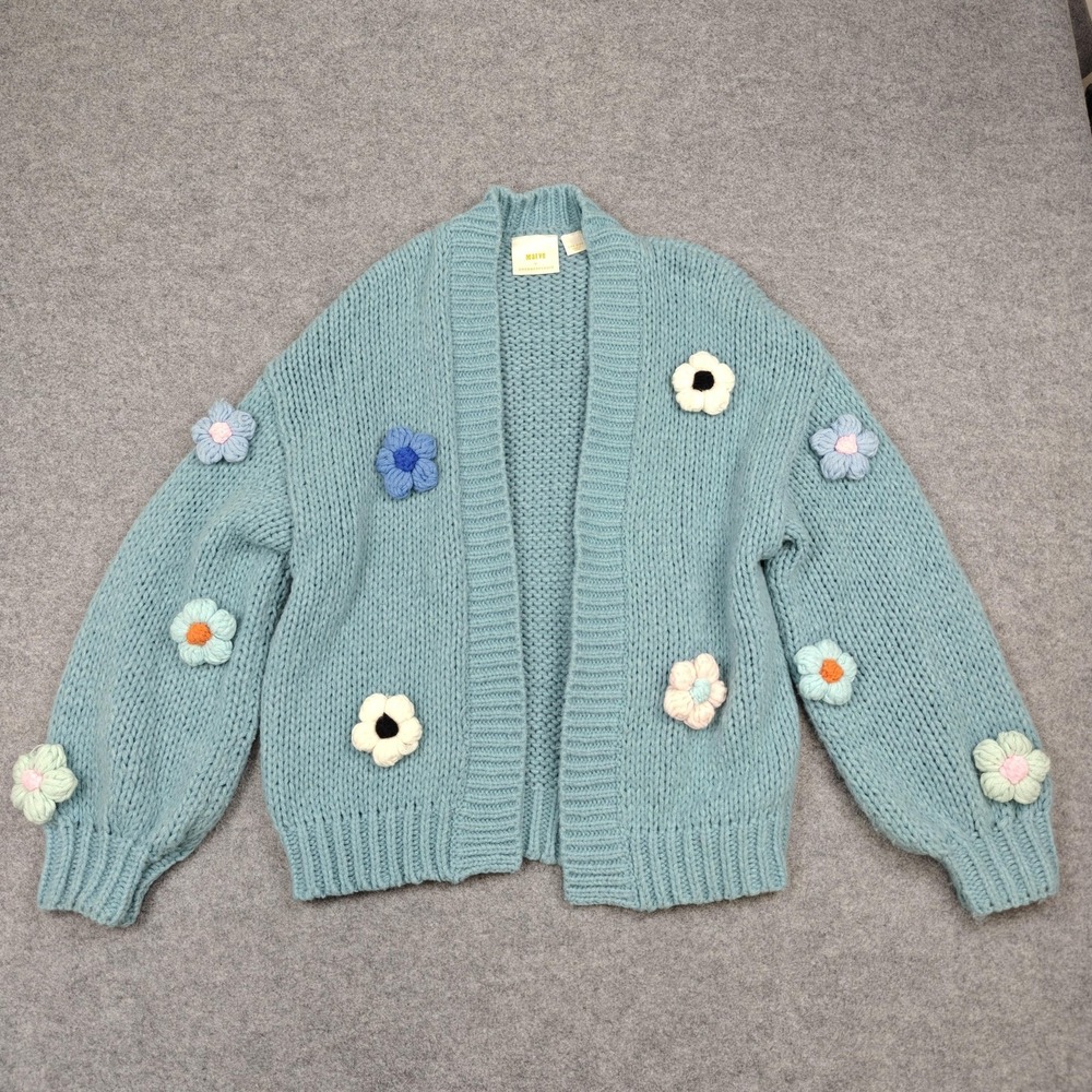 Maeve Cardigan Womens One Size Blue Chunky Knit Floral Balloon Sleeve Open Front